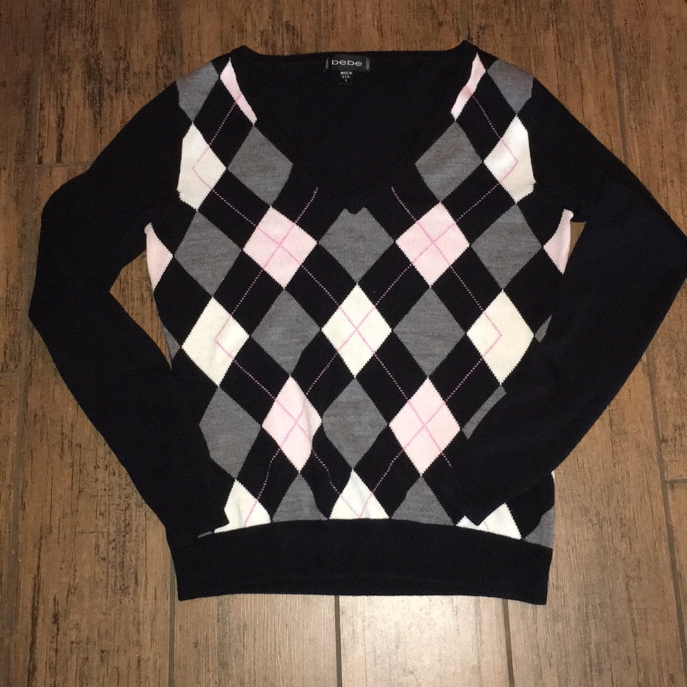Bebe Pink, Gray, and Black Argyle Sweater